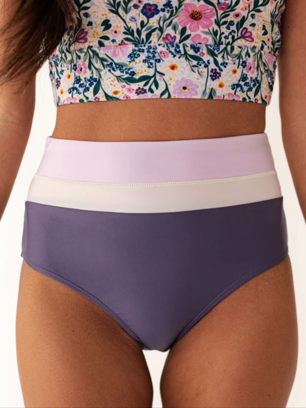Lively Colorblock High-Waist Bikini Bottoms in Lavender, Cream & Deep Purple